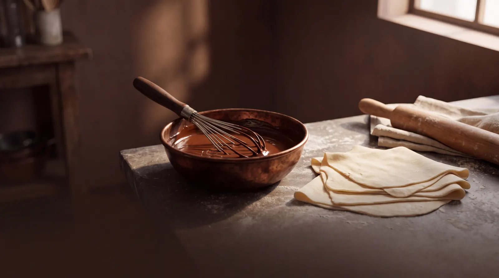 A bowl of chocolate ganache and a whisk on a warm, sunlit kitchen table